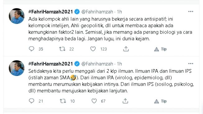 Fahri Hamzah beri masukan agar semua pihak bersatu melawan virus/pandemi (twitter)