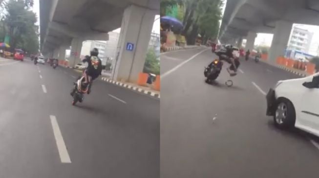 Viral Pemotor Beratraksi Goyang di Jalan, Endingnya Tabrak Mobil dan Cium Aspal