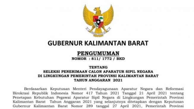 Pengumuman Seleksi Formasi CPNS Kalimantan Barat 2021