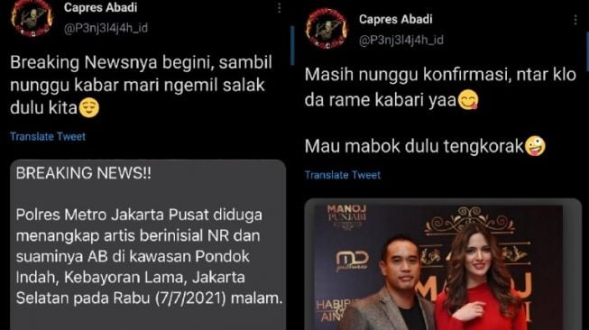 Tangkapan layar Nia Ramadhani dan Ardi Bakrie diduga ditangkap polisi . [Twitter]