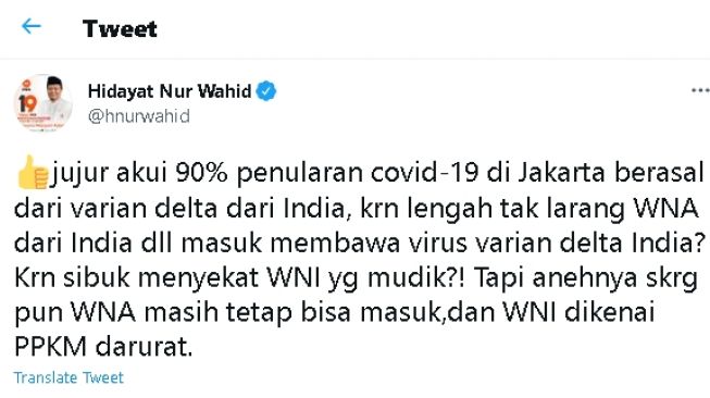 Cuitan HNW soal kenikan kasus Cocid di Jakarta akibat varian Delta (twitter)