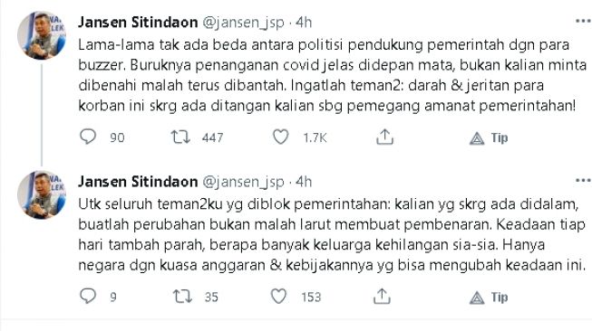 Cuitan Jansen Sitindaon kritik politisi pendukung pemerintah (twitter)