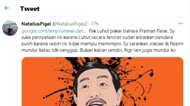 Cuitan Natalius Pigai soal pernyataan Luhut (twitter)