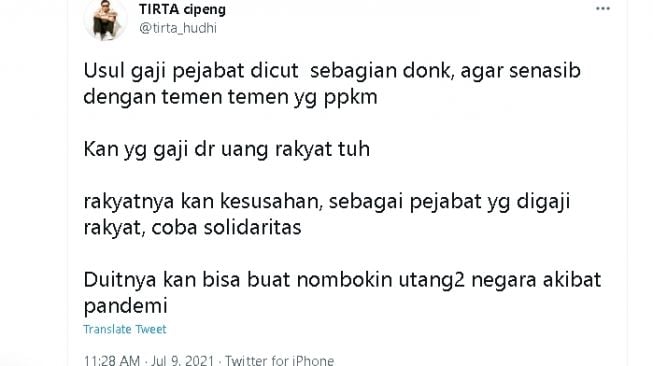 Dokter Tirta usul gaji pejabat dipotong (twitter)