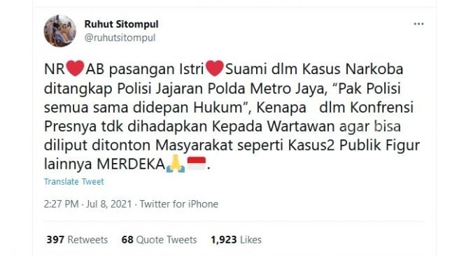 Twit Ruhut Sitompul soal Nia Ramadhani dan Ardi Bakrie yang tak dihadirkan polisi saat pengungkapan kasus narkotika keduanya. [Twitter]