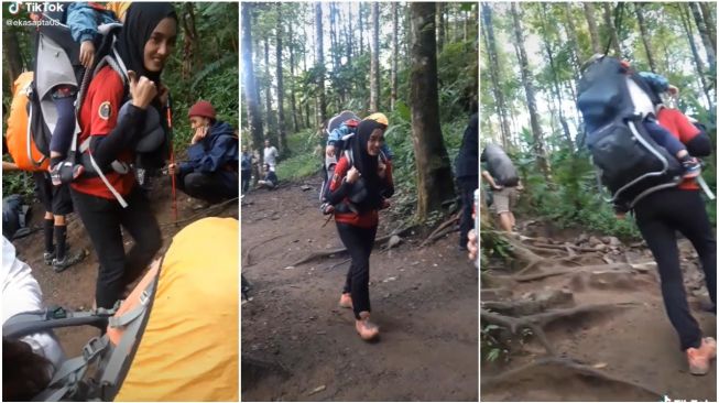 Wanita Mendaki Gunung Sambil Gendong Balita (TikTok)