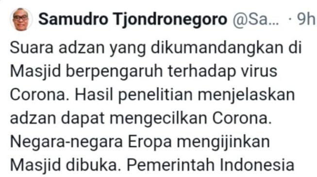 cuitan netizen yang mengungkapkan suara adzan lemahkan Covid-19. [Twitter]