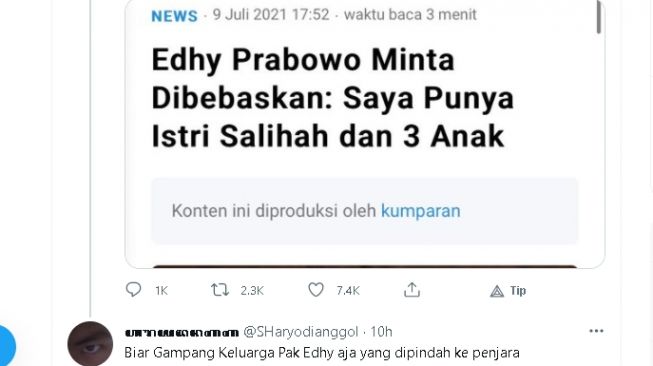 Komentar warganet usai Edhy Prabowo minta dibebaskan (twitter)