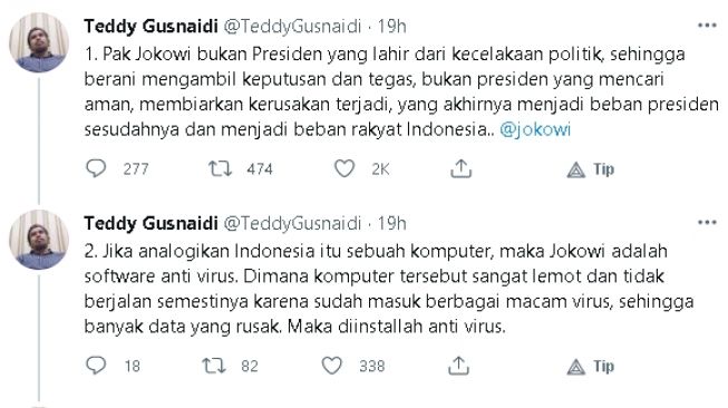 Cuitan Teddy Gusnaidi ibaratkan Jokowi sebagai Antivirus (twitter)