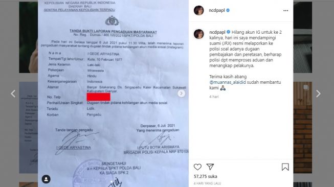 Postingan Nora Alexandra istri I Gede Aryastina arau Jerinx SID. [Instagram/@ncdpapl]