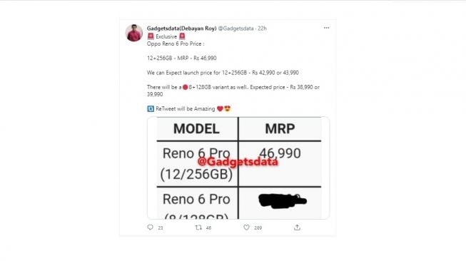 Bocoran harga Oppo Reno6 Pro. [Twitter]