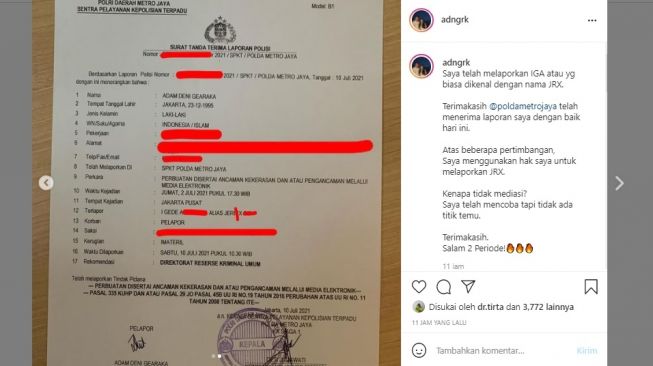 JRX resmi dilaporkan Adam Deni ke Polda Metro Jaya. [Instagram/@adngrk]