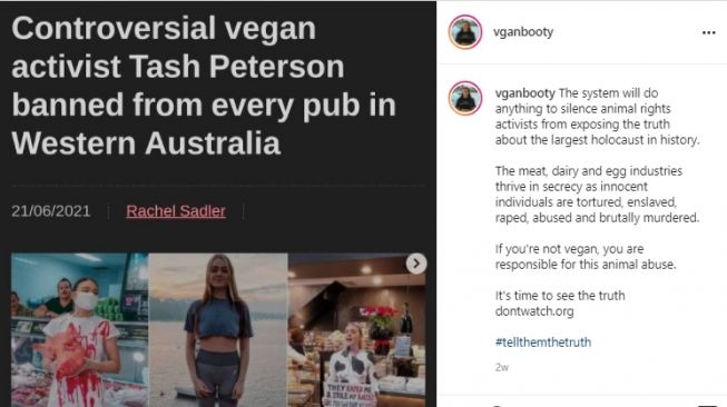 Controversial vegan activist Tash Peterson banned from every pub in Western  Australia