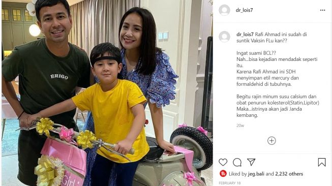 Dokter Lois pajang foto Raffi Ahmad, Nagita Slavina dan Rafathar di akun Instagram-nya (Instagram)