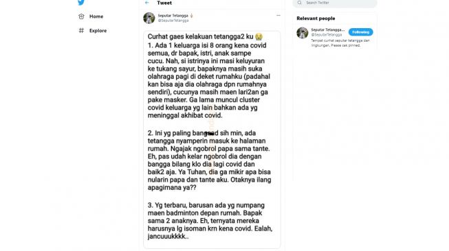 Viral Curhat Keluarga Tetangga Positif Covid-19 Keluyuran (Twitter/Seputartetangga)