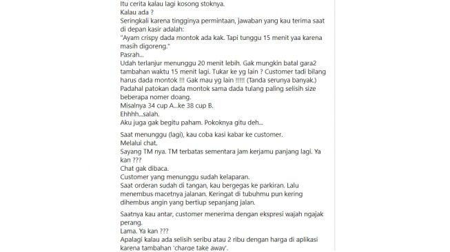 Curhat mbak ojol yang terancam kena rate bintang satu gara-gara ini (Facebook)