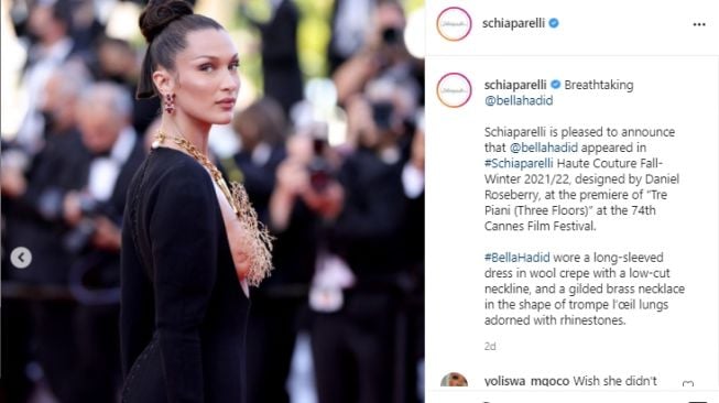 Gaya Bella Hadid pakai kalung paru-paru [Instagram/schiaparelli]