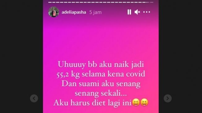 Adelia Pasha naik berat badan setelah 16 hari menjalani isolasi mandiri akibat terinveksi Covid-19. [Instagram]