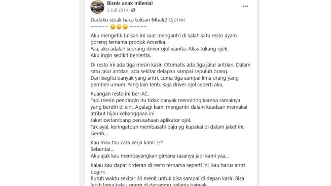 Curhatan mbak ojol yang bikin terenyuh (Facebook)