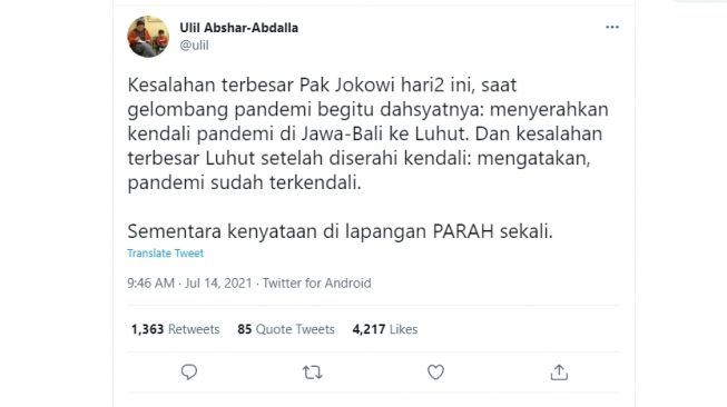 Cuitan Ulil Abshar Abdalla (Twitter/Ulil)