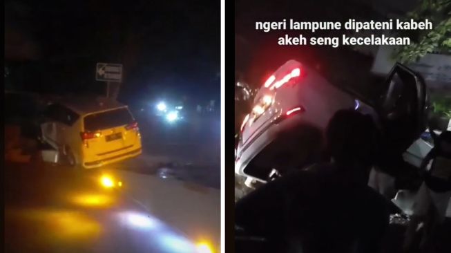 Kijang Innova Kena Apes Saat Melintas di Malam Hari, Nyungsep karena Penerangan Jalan Mati