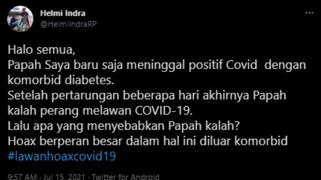 Ayahnya Meninggal Saat Terpapar Covid-19, Pria Ini Ungkap Penyebabnya Percaya Berita Hoaks