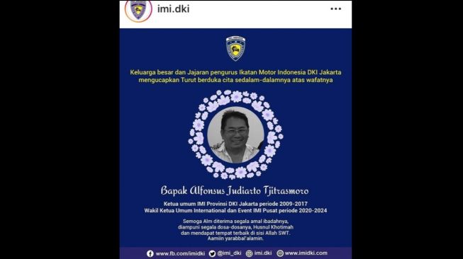 Ucapan belasungkawa atas kepergian A. Judiarto dari IMI DKI [Instagram: imi.dki].