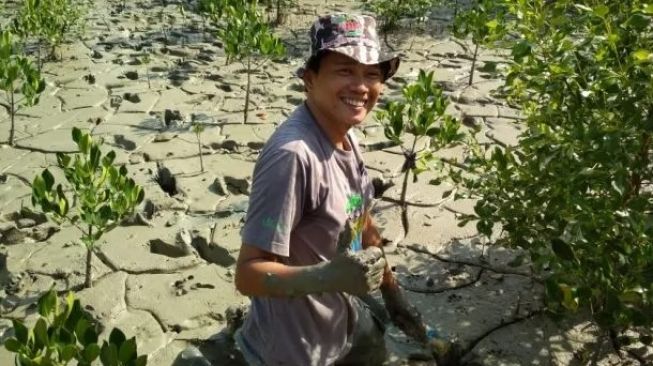 Raja Fajar Azansyah saat menanam mangrove  [InsidePontianak.com/Ist].