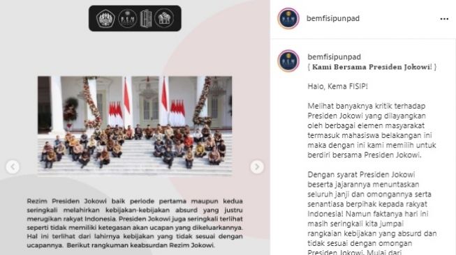 BEM FISIP Unpad Kritik Presiden Jokowi. (Instagram/@bemfisipunpad)