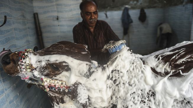 Seorang pria mencuci sapi milik pelanggan di sebuah bengkel mobil menjelang perayaan Idul Adha di Karachi, Pakistan, pada (14/7/2021). [Rizwan TABASSUM / AFP]