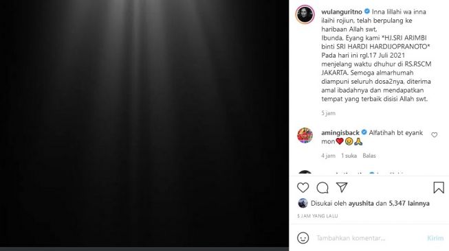 Wulan Guritno menyampaikan kabar duka, di mana sang nenek meninggal dunia. [Instagram]