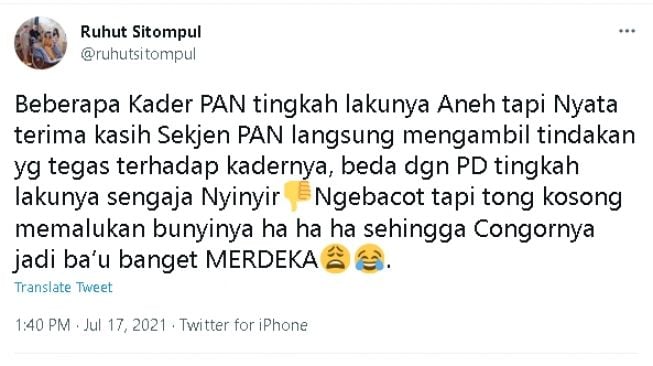 Cuitan Ruhut Sitompul bandingkan PAN dan PD