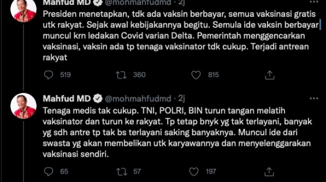 Cuitan Mahfud soal pemerintah membatalkan vaksin berbayar [Twiiter]