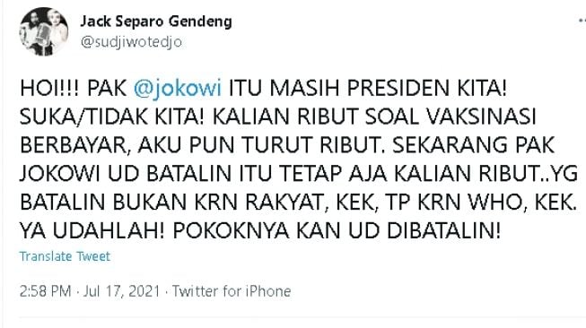 Cuitan Sudjiwo Tedjo soal Jokowi batalkan vaksin berbayar (twitter)