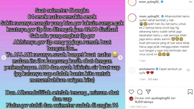 Potret Syifa Ayu Ting Ting melawan Covid-19. [Instagram/mom_ayting92_]