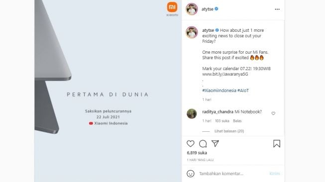 Postingan Country Director Xiaomi Indonesia Alvin Tse umumkan peluncuran laptop Xiaomi. [Instagram]