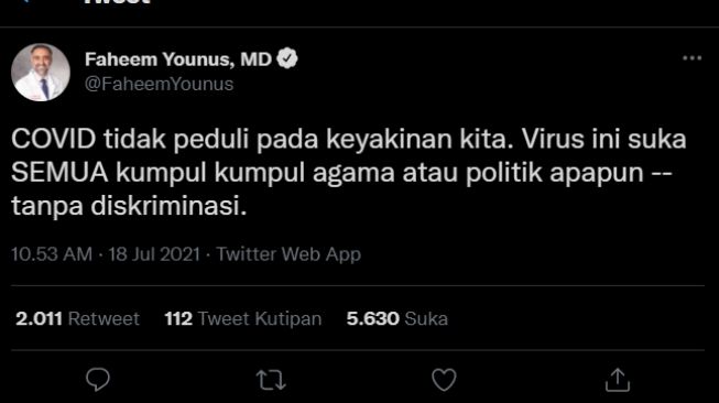 Cuitan Dokter Faheem Younus soal Covid-19. (Twitter)