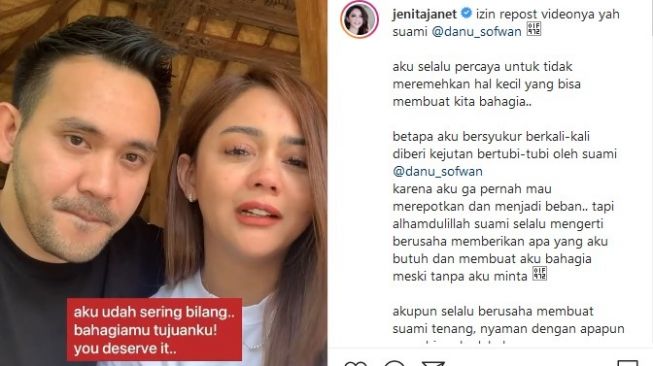 Jenita Janet menangis bahagia setelah sang suami, Danu Sofwan memberinya hadiah sebuah ponsel iPhone. [Instagram]