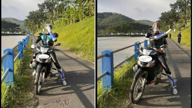 Kstaria Baja Hitam dengan tunggangan motor barunya, Honda Supra Fit (Facebook)