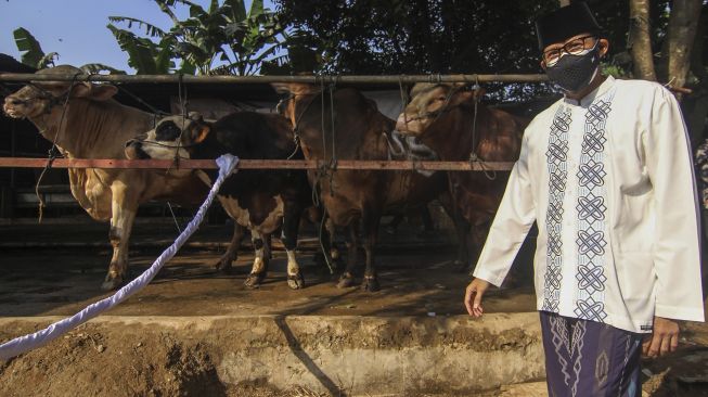 Menteri Pariwisata dan Ekonomi Kreatif (Manparekraf) Sandiaga Uno menyerahkan hewan kurban yang akan di potong di Rumah Pemotongan Hewan, Juanda, Depok, Jawa Barat, Selasa (20/7/2021). ANTARA FOTO/Asprilla Dwi Adha