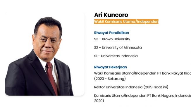 Profil Ari Kuncoro, Wakil Komisaris BRI di situs resmi BRI seperti diakses dari Bogor, Selasa (20/7/2021). Ari Kuncoro saat ini juga menjabat sebagai Rektor UI. [bri.co.id]