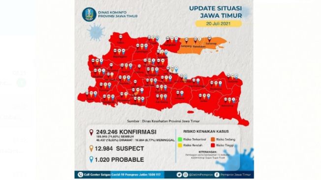 Merah! Hampir Seluruh Daerah di Jatim Rawan Penyebaran Covid-19