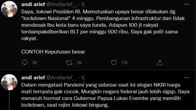 Cuitan politikus partai Demokrat Andi Arief yang meminta pemerintah terapkan lockdown. (Twitter)