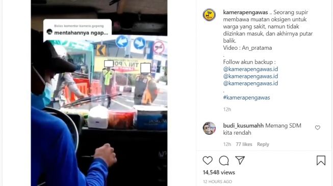 Sopir truk dipaksa putar balik oelh aparat, padahal membawa tabung oksigen untuk rumah sakit (Instagram)