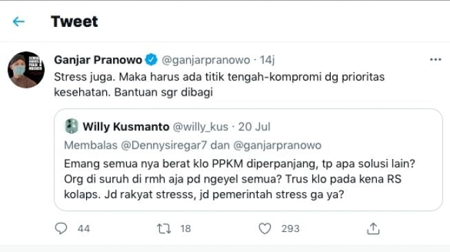 Cuitan Ganjar Pranowo soal PPKM Darurat yang diperpanjang. [Twitter]