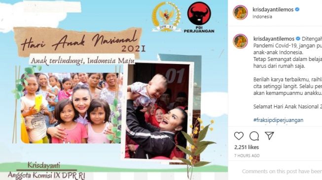 Ucapan Selamat Hari Anak Nasional 2021 dari Krisdayanti. (Instagram)