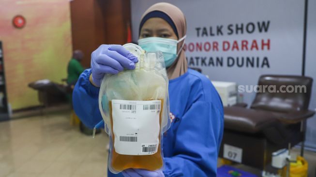 Petugas menunjukkan Plasma Konvalesen yang didonorkan warga di Kantor Palang Merah Indonesia (PMI) DKI Jakarta, Senen, Jakarta Pusat, Jumat (23/7/2021). [Suara.com/Alfian Winanto]