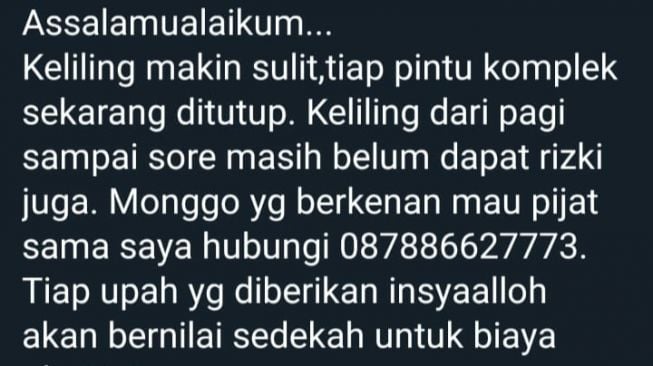 Cuitan penyandang disabilitas yang bekerja sebagai tukang pijat saat promosikan jasanya di Twitter. (tangkapan layar/Twitter)