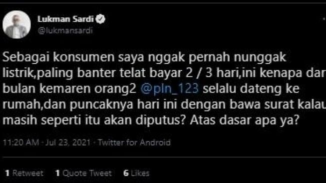 Lukman Sardi curhat soal listrik di rumahnya akan diputus. (Twitter)