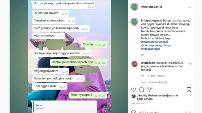 Unggahan ketakutan warganet soal begal payudara di Grobogan. [Instagram]